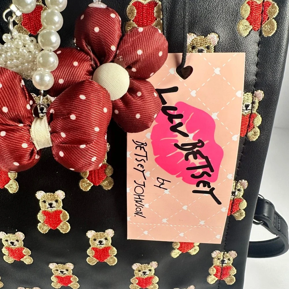 Betsey Johnson Tote Bag Women Black Embroidered Teddy Bear Heart Crossbody
